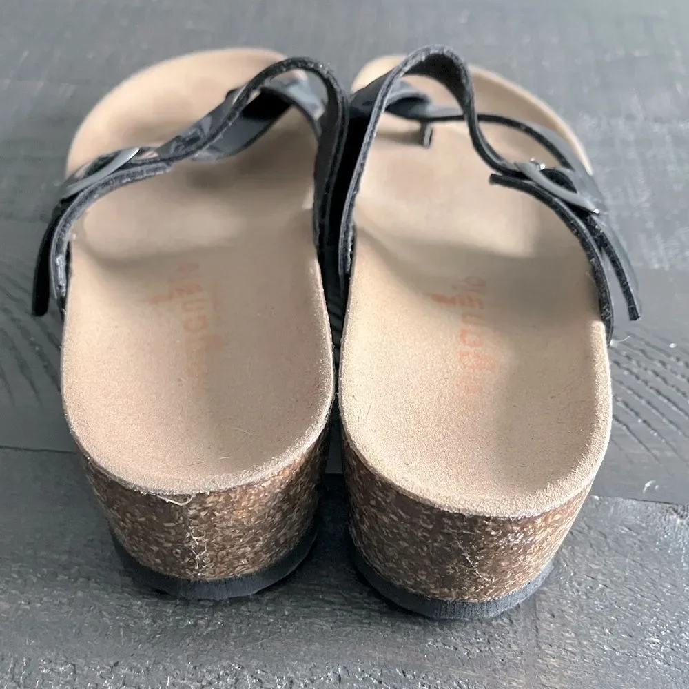 VeganBio Black Toe Loop Sandals Women 7.5 Comfort Cork Footbed Birkenstock Style